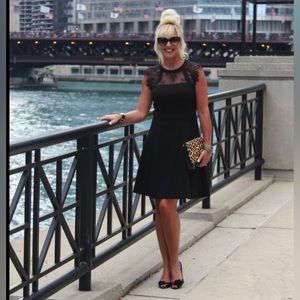 👗BB Dakota LBD Black lace cap sleeve dress high neck cutout back NWT👛 Large